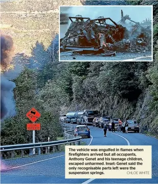  ?? CHLOE WHITE ?? The vehicle was engulfed in flames when firefighte­rs arrived but all occupants, Anthony Genet and his teenage children, escaped unharmed. Inset: Genet said the only recognisab­le parts left were the suspension springs.