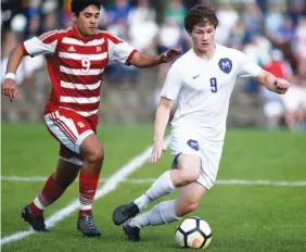  ?? STAFF PHOTO BY ROBIN RUDD ?? McCallie’s Thomas Priest moves the ball while Baylor’s Matheus Maia defends. The Baylor Red Raiders visited the McCallie Blue Tornado in TSSAA soccer action Friday.