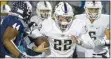  ?? NWA Democrat-Gazette File Photo ?? Bentonvill­e West’s Maddox Thornton (center) intercepts the ball against Springdale Har-Ber in 2018.