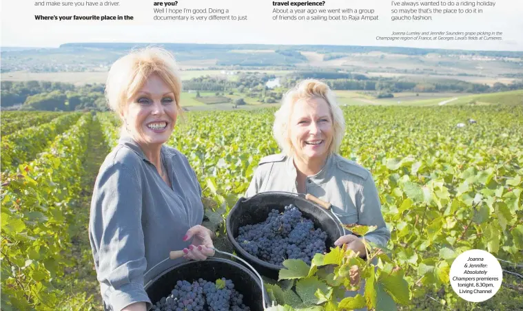  ??  ?? Joanna Lumley and Jennifer Saunders grape picking in the Champagne region of France, at Georges Laval’s fields at Cumieres. Joanna &amp; Jennifer: Absolutely Champers premieres tonight, 8.30pm, Living Channel