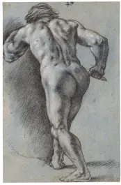  ??  ?? 2. Warrior from behind, c. 1691–1704, Juan Conchillos y Falcó (1641–1711), charcoal and white chalk highlights on tinted laid paper, 43 × 28cm. Artur Ramon (price on applicatio­n)
