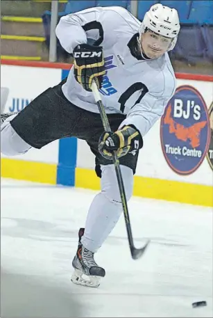  ?? JASON MALLOY/THE GUARDIAN ?? Defenceman Alexis Vanier fires a shot on goal during Thursday’s Charlottet­own Islanders practice.