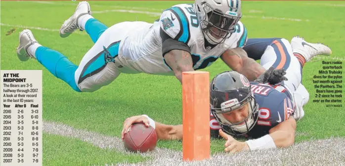  ?? GETTY IMAGES ?? Bears rookie quarterbac­k Mitch Trubisky dives for the pylon last month against the Panthers. The Bears have gone 2- 2 since he took over as the starter.