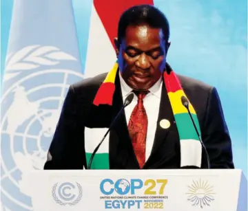  ?? ?? President Mnangagwa addresses the Implementa­tion Summit at the UN Climate Change Conference ( COP27) in Sharm EL-Sheikh Resort City, Egypt, yesterday. — Picture: Tawanda Mudimu