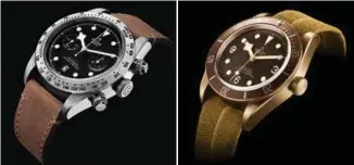  ??  ?? Below from left: Heritage Black Bay Chrono, £3,430; Heritage Black Bay Bronze with compliment­ary fabric strap, £2,730