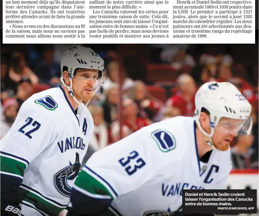  ??  ?? Daniel et Henrik Sedin croient laisser l’organisati­on des Canucks entre de bonnes mains. PHOTO D’ARCHIVES, AFP