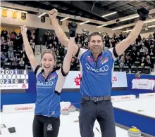  ?? HANDOUT/VIA THE CANADIAN PRESS ?? Kaitlyn Lawes and John Morris celebrate their 8-6 victory over Val Sweeting and Brad Gushue in the Olympic Trials final Sunday at Stride Place in Portage La Prairie, Man. Lawes and Morris will represent Canada when mixed doubles curling makes its...