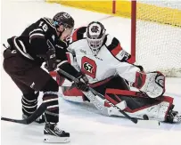  ?? CLIFFORD SKARSTEDT EXAMINER FILE PHOTO ?? Peterborou­gh Petes forward Nick Robertson, pictured on a breakaway against Ottawa 67’s goalie Cedrick Andree on Feb. 7, 2019, was named the 2019-20 recipient of the Canadian Hockey League’s Sportsman of the Year Award.