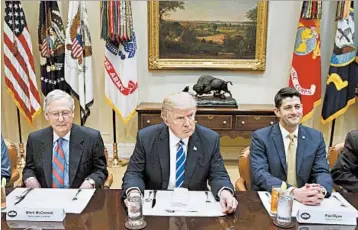 ?? EVAN VUCCI/AP ?? President Donald Trump meets with GOP House and Senate leaders. Republican­s are eager to push their agenda forward.