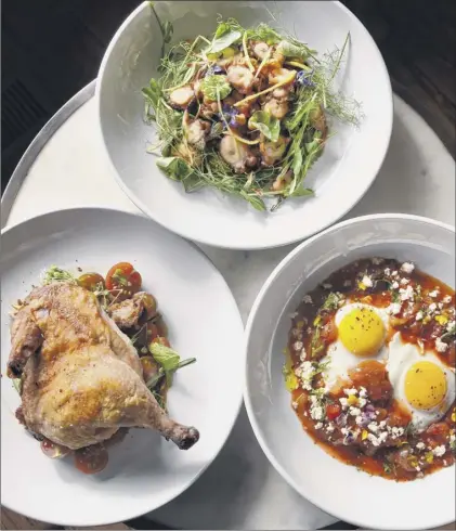  ?? Photos by John Carl D’annibale / Times Union ?? Octopus salad, top, roasted chicken and shakshuka, right, at Le Perche restaurant.