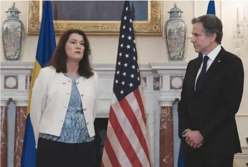  ?? (Michael A. McCoy/Reuters) ?? US SECRETARY OF STATE Antony Blinken meets with Sweden’s Foreign Minister Ann Linde at the State Department earlier this month. According to ‘The Guardian,’ Linde said her country had received assurances from the US that it would receive support during this period.