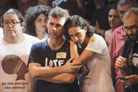  ?? (AFP) ?? Marcelo Freixo (left), Rio de Janeiro state deputy for the Socialism and Liberty Party (PSOL) and Monica Tereza Benicio (right), the widow of the late activist Marielle Franco, attend a rally of Brazilian leftist parties at Circo Voador in Rio de Janeiro, Brazil, on Monday. The chief justice of Brazil's Supreme Court urged calm and warned against violence ahead of a ruling that could send former president Luiz Inácio Lula da Silva to prison - or give him a get-out-of-jail card