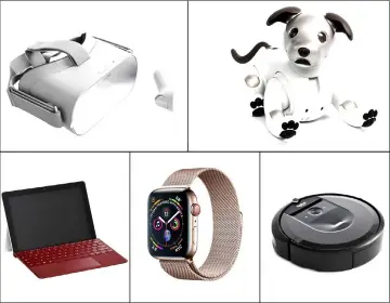  ?? — Photos courtesy of Apple/Washington Post ?? (Clockwise from top left) The Oculus Go by Oculus/Facebook. • Aibo, the robot dog, from Sony. • Roomba i7, the next generation robot vacuum. • The Apple Watch Series 4. • Surface Go With Type Cover.