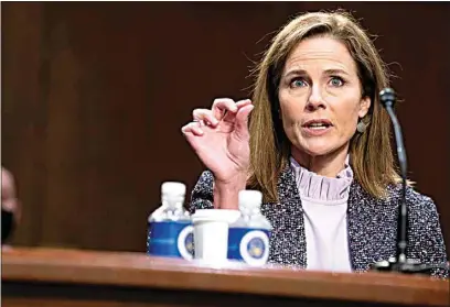  ?? ANNA MONEYMAKER / THE NEW YORK TIMES VIA AP ?? Supreme Court nominee Amy Coney Barrett speaks Wednesday during a confirmati­on hearing before the Senate Judiciary Committee on Capitol Hill in Washington, D.C.