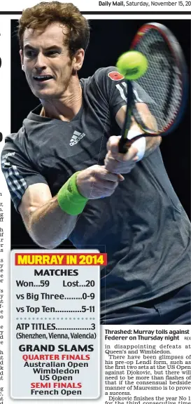  ?? REX ?? Thrashed: Murray toils against Federer on Thursday night
