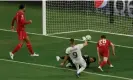  ?? Photograph: Gonzalo Fuentes/Reuters ?? Karim Benzema prods home but his effort was disallowed for Real Madrid against Liverpool during the 2022 Champions League final in Paris.