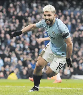  ?? Picture: AFP ?? HAT-TRICK. Manchester City’s striker Sergio Aguero celebrates scoring his team’s third goal against Chelsea yesterday.