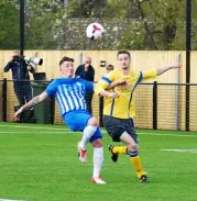  ??  ?? Greg Beckett (right) scored Woodley’s first ever Hellenic Premier hat-trick