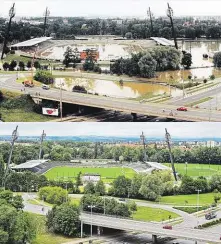  ?? Foto: Jaroslav Ožana, Alexandr Satinský, MAFRA Foto: Martin Veselý, MAFRA ?? Voda zatopila před dvaceti lety fotbalové hřiště v Hradci Králové. Mezi tribunami plavaly ryby.