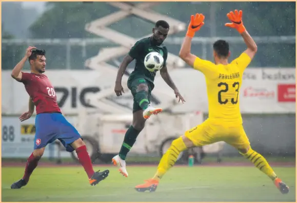  ?? AFP ?? Nigeria defender Brian Idowu failed in his attempt to score past Czech Republic goalkeeper Jiri Pavlenka in their friendly match in Rannersdor­f, Austria