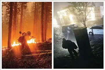  ?? THE ASSOCIATED PRESS ?? This combinatio­n of photos shows a firefighte­r Monday at the North Complex Fire in Plumas National Forest, left, and a person using a flashlight on flooded streets in search of their vehicle Wednesday in Pensacola, Fla. In the past week, swaths of the country have been burning and flooding in devastatin­g extreme weather disasters.