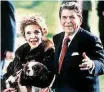  ??  ?? This December 1986 photo shows first lady Nancy Reagan holding the Reagans’ pet Rex, a King Charles spaniel, as she and President Reagan walk on the White House South lawn.