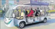  ?? SUNIL GHOSH/T FILE ?? India’s first driverless shuttle, NovusDrive, was unveiled at the Auto Expo in Greater Noida in 2016. “I’m delighted to see the vehicle that doesn’t require a driver,” Gadkari had said.