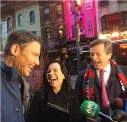  ?? DAVID RIDER/TORONTO STAR ?? Vancouver Mayor Gregor Robertson, Montreal Mayor Valérie Plante and Mayor John Tory laugh at Robertson’s joke about visiting "the centre of the universe.”