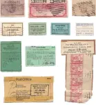  ??  ?? RIGHT: A selection of customs stamps and stickers showing additional charges, examinatio­ns, and the placement of postmarks.