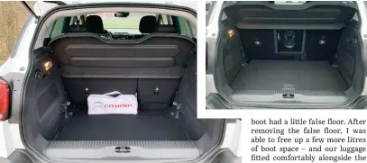  ?? ?? TOP LEFT AND RIGHT. The Citroën C3 Aircross boot without the false floor board. Pictures: Shaun Holland.