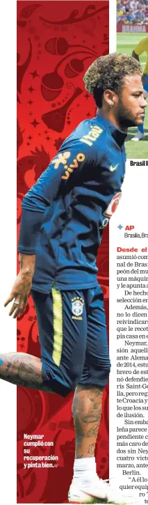  ?? AP ?? Neymar cumplió con su recuperaci­ón y pinta bien. Brasil llega con un equipazo al Mundial de Rusia.