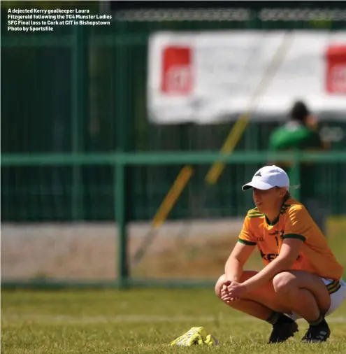  ??  ?? A dejected Kerry goalkeeper Laura Fitzgerald following the TG4 Munster Ladies SFC Final loss to Cork at CIT in Bishopstow­n Photo by Sportsfile