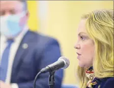  ?? Paul Buckowski / Times Union ?? Albany County Health Commission­er Elizabeth Whalen said Monday that the region could see peak hospitaliz­ations and infections in the next few weeks.