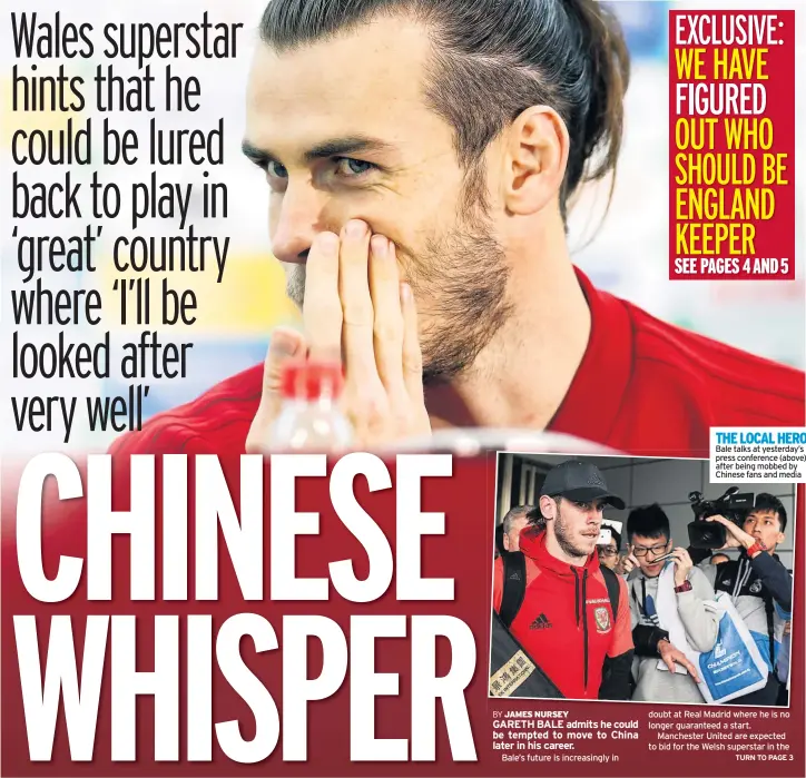  ??  ?? THE LOCAL HERO Bale talks at yesterday’s press conference (above) after being mobbed by Chinese fans and media