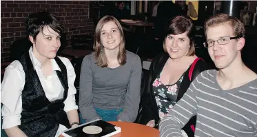  ??  ?? From left, Heather Macklem, Erika Luckert, Chelsey Adel and Levi F. Binnema at the Glass Buffalo launch party, which included readings from the literary magazine’s Winter 2013 issue.