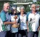  ??  ?? TOP TWO: Dave Roughton and Pam Roughton with Margaret Wildbore and Trevor Smith, winners and runners-up respective­ly in a mixed pairs championsh­ips at Cooper’s Beach.