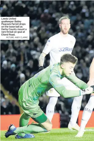  ?? PICTURE: ANDY CLARKE ?? Leeds United goalkeeper Bailey Peacock-Farrell drops on the loose ball as Derby County mount a rare threat on goal at Elland Road.