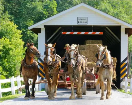  ?? Courtesy of Don Shenk ?? An Amish man guides four horses carrying bales of hay across a covered bridge in Lancaster County.