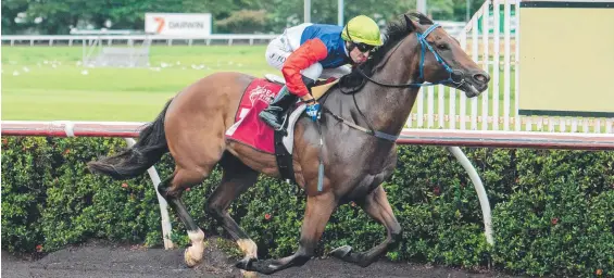  ??  ?? Autocratic for Gary Clarke ( jockey Jarrod Todd) wins the $19,500 Darwin Racing Handicap (1200m) at Fannie Bay. Picture: Caroline Camilleri