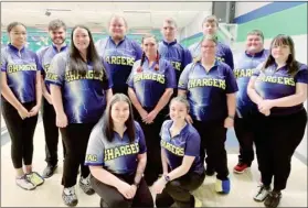  ?? PHOTO PROVIDED ?? The bowling team, front left: Jasmine Huff, Hope Walkowiak; middle: Katherine Ford, Coach Chasity Masterson, Kayley Thornburg, Erin Stacy; back: Raven Sangster, Kody Horan, Dylan Pohl, Peter Kenney, Sean White and Colin Burger.