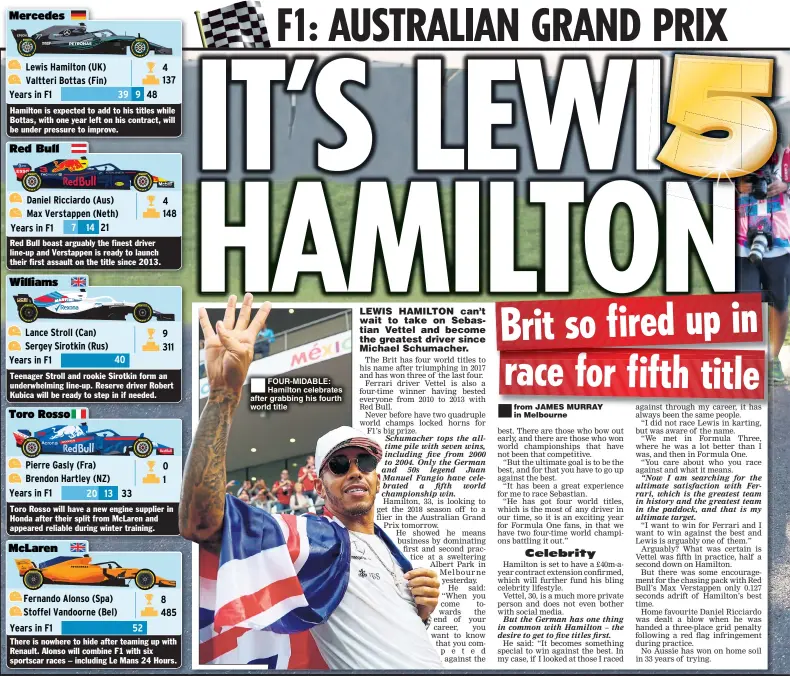  ??  ?? FOUR-MIDABLE: Hamilton celebrates after grabbing his fourth world title ®