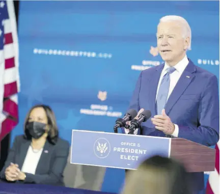  ?? (Photo: AP) ?? President-elect Joe Biden speaks as Vice-president-elect Kamala Harris listens at left, during an event to introduce their nominees and appointees to economic policy posts at The Queen theatre, in Wilmington, Delaware, yesterday.
