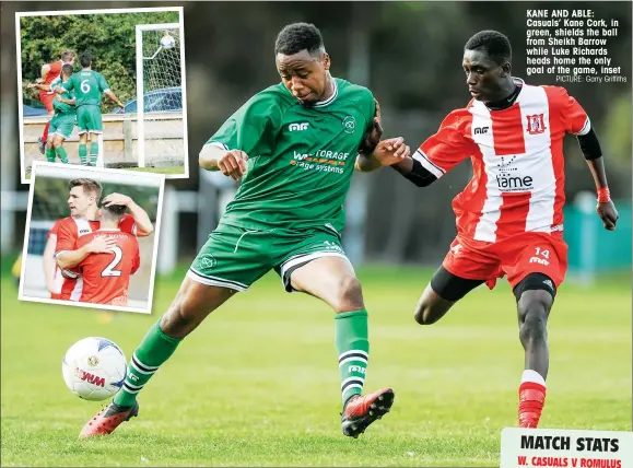  ?? PICTURE: Garry Griffiths ?? KANE AND ABLE: Casuals’ Kane Cork, in green, shields the ball from Sheikh Barrow while Luke Richards heads home the only goal of the game, inset