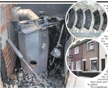  ??  ?? Weapons found after the fire at Rodney Drive in west Belfast (right) included AK-47 assault rifles, sawn-off shotguns and ammunition