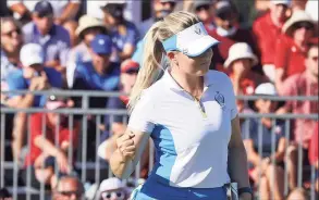  ?? Gregory Shamus / Getty Images ?? Europe’s Matilda Castren celebrates after winning during the sigles matches of the Solheim Cup on Monday in Toledo, Ohio.