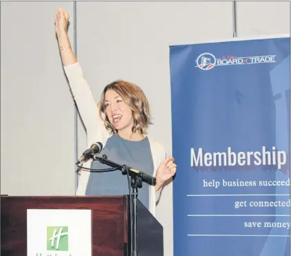  ?? ROSIE MULLALEY/THE TELEGRAM ?? Amputee Candace Carnahan of New Brunswick leads the cheer, “If you see something, say something” during her speech about the importance of workplace health and safety at the Board of Trade luncheon at the Holiday Inn Monday afternoon.