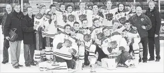  ?? SUBMITTED PHOTO ?? The 2014 Hamilton Jr. Bulldogs AAA team in their minor midget season included head coach Chris Naylor (standing second from left holding binder), Brandon Saigeon (back centre with captain’s C),
Owen Burnell (last player standing on the back right),...