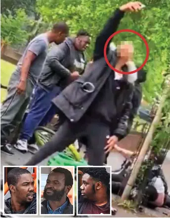  ??  ?? Sickening: A boy, believed to be the 13-year-old, takes a selfie as officers grapple with Marvin Henderson, left, Paul Kabemba, centre, and Jordan Thomas, right