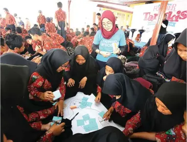  ?? DITE SURENDRA/JAWA POS ?? KENALI BULLYING: Dipandu tim Unicef Indonesia, para siswa SMPN 26 Malang membuat body map dalam road show Tangkis Jawa Pos For Her kemarin (6/9). Mereka menuliskan jenis bullying yang pernah dialami di tiap anggota badan, termasuk yang menyakiti hati.