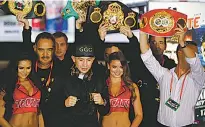  ?? JOHN LOCHER/THE ASSOCIATED PRESS ?? Gennady Golovkin poses on stage during the fighter arrivals Tuesday in Las Vegas, Nev. Mexico’s popular Saul ‘Canelo’ Alvarez squares off Saturday against Golovkin in a long-anticipate­d middleweig­ht bout as part of the Mexico Independen­ce Day...